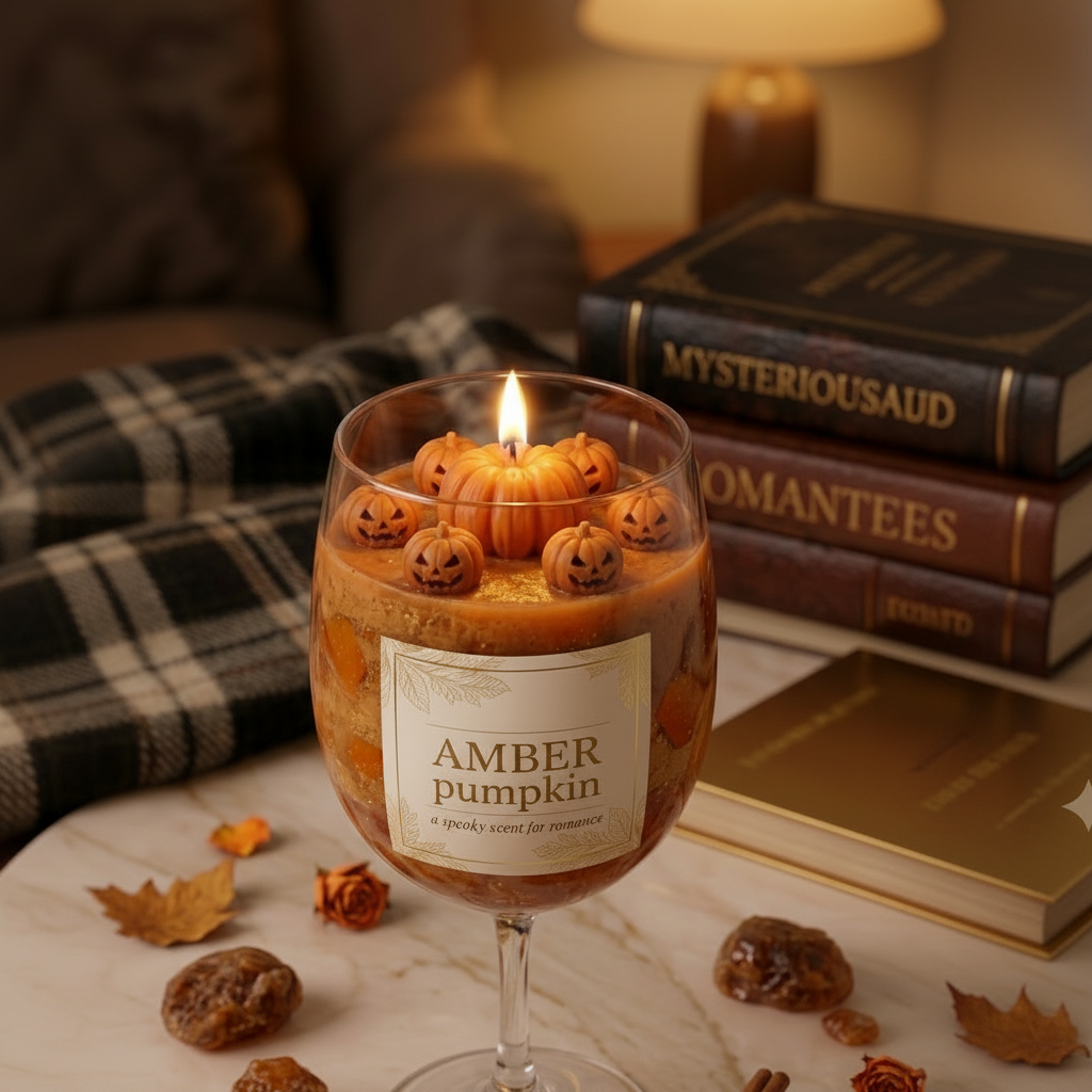 AMBER Pumpkin – Handcrafted Wine Glass Candle